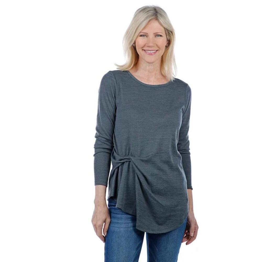 DG2 by Diane Gilman Draped Side Gathered Long Sleeve Top Soft Gray Gunmetal XS